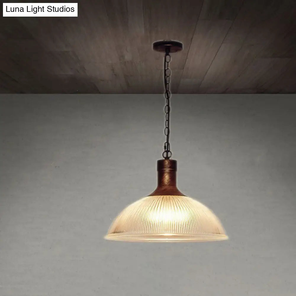 1-Light Clear Ribbed Glass Dome Pendant Light For Living Room - Factory Hanging Lighting Kit