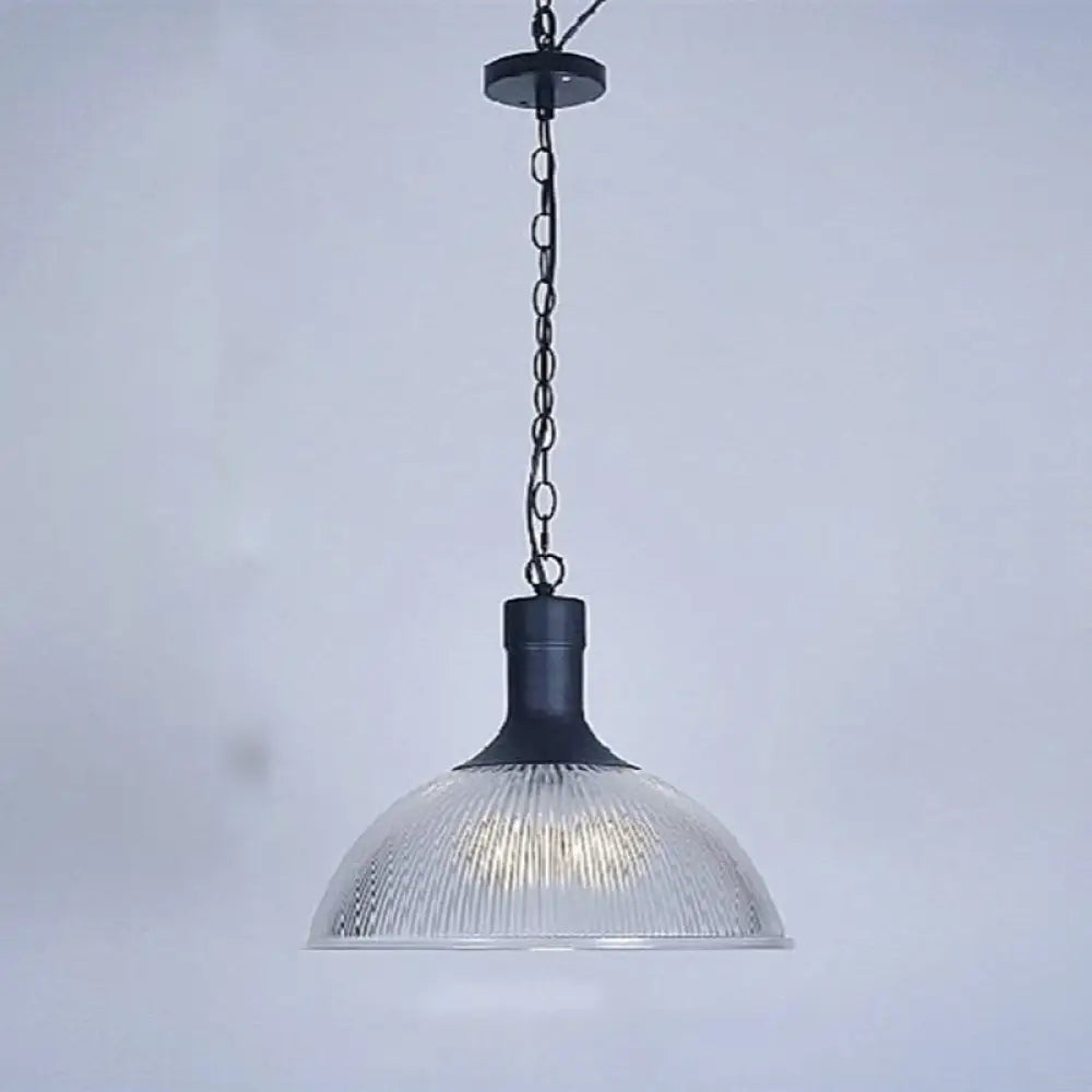 1-Light Clear Ribbed Glass Dome Pendant Light For Living Room - Factory Hanging Lighting Kit Black
