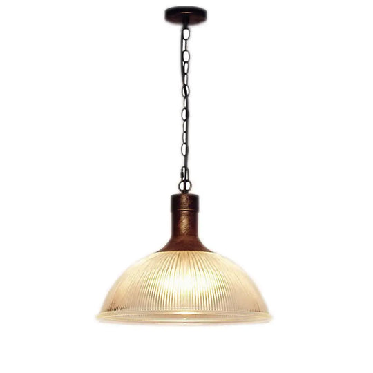 1-Light Clear Ribbed Glass Dome Pendant Light For Living Room - Factory Hanging Lighting Kit Bronze