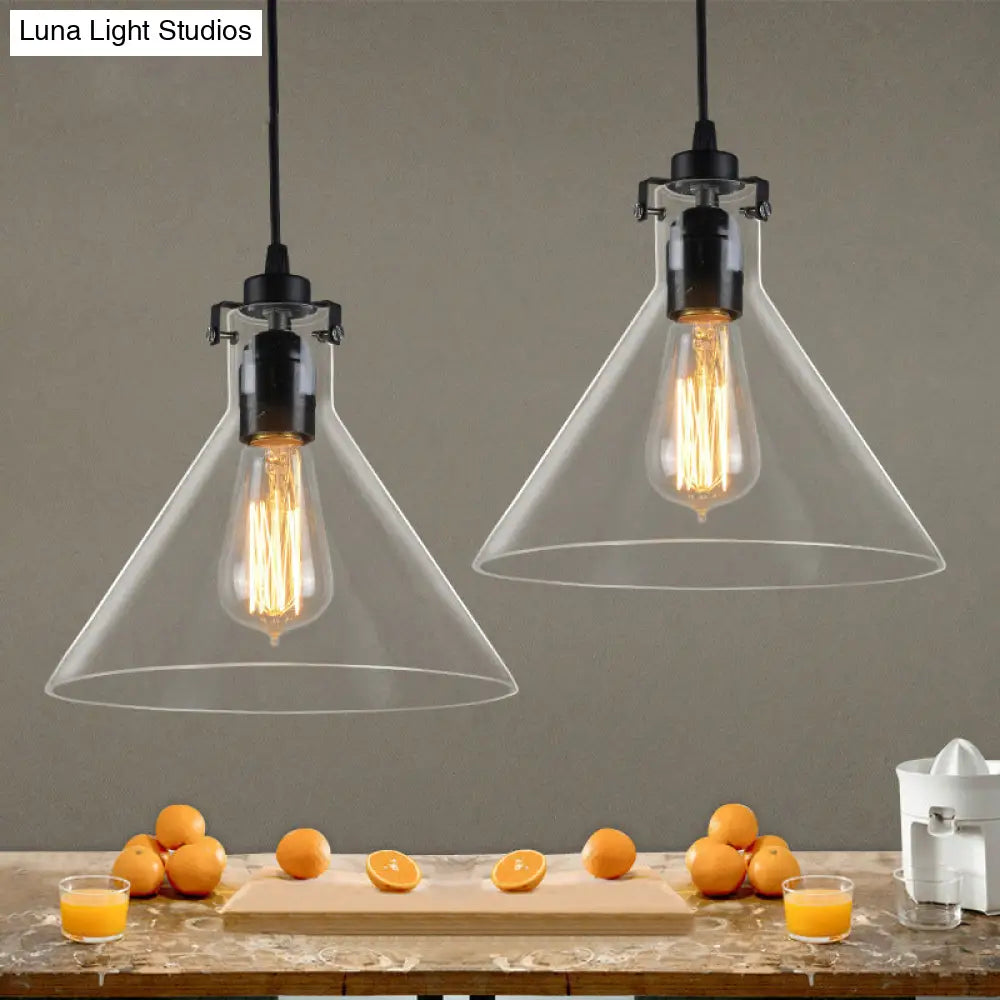 1-Light Cone Shaped Pendant Lighting - Factory Black With Yellow Clear Or Smoked Glass Hanging