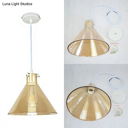 1-Light Cone Pendant Lighting In Factory Black With Yellow Clear Or Smoked Glass - Hanging Light