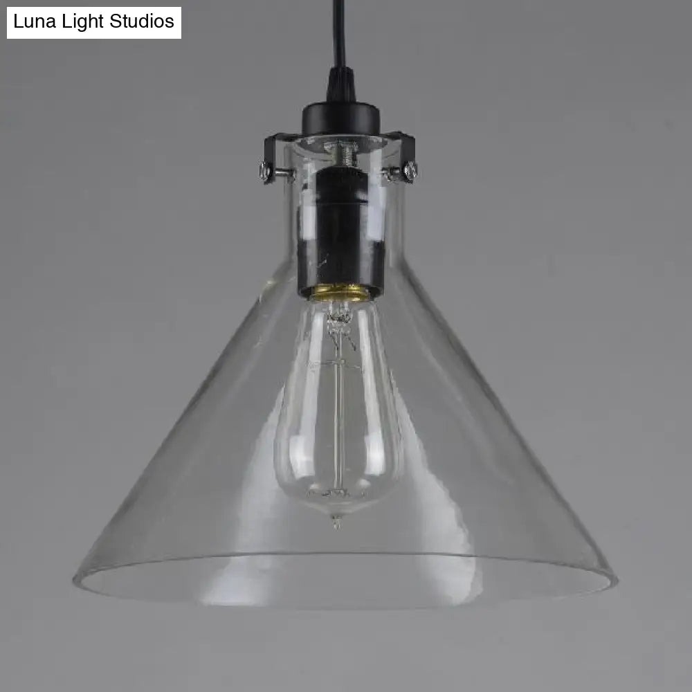 1-Light Cone Shaped Pendant Lighting - Factory Black With Yellow Clear Or Smoked Glass Hanging
