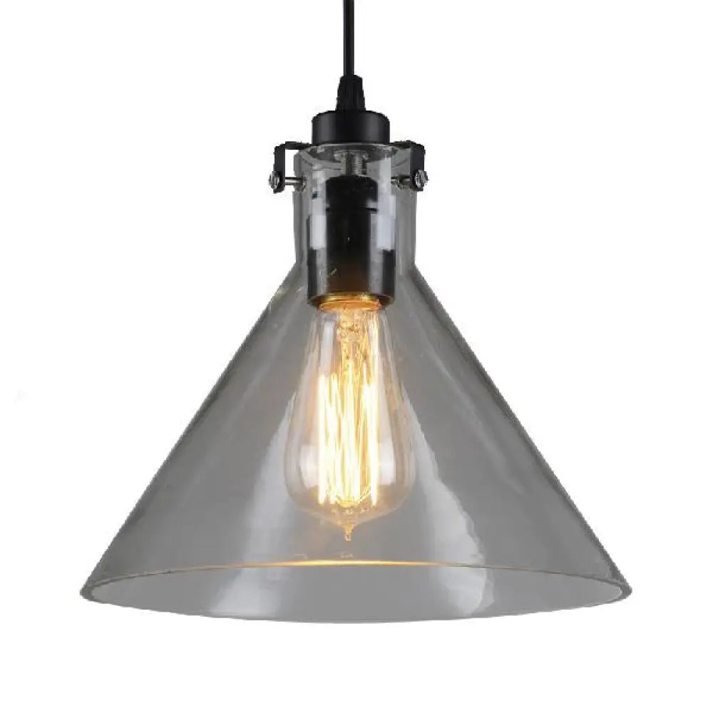 1-Light Cone Shaped Pendant Lighting - Factory Black With Yellow Clear Or Smoked Glass Hanging