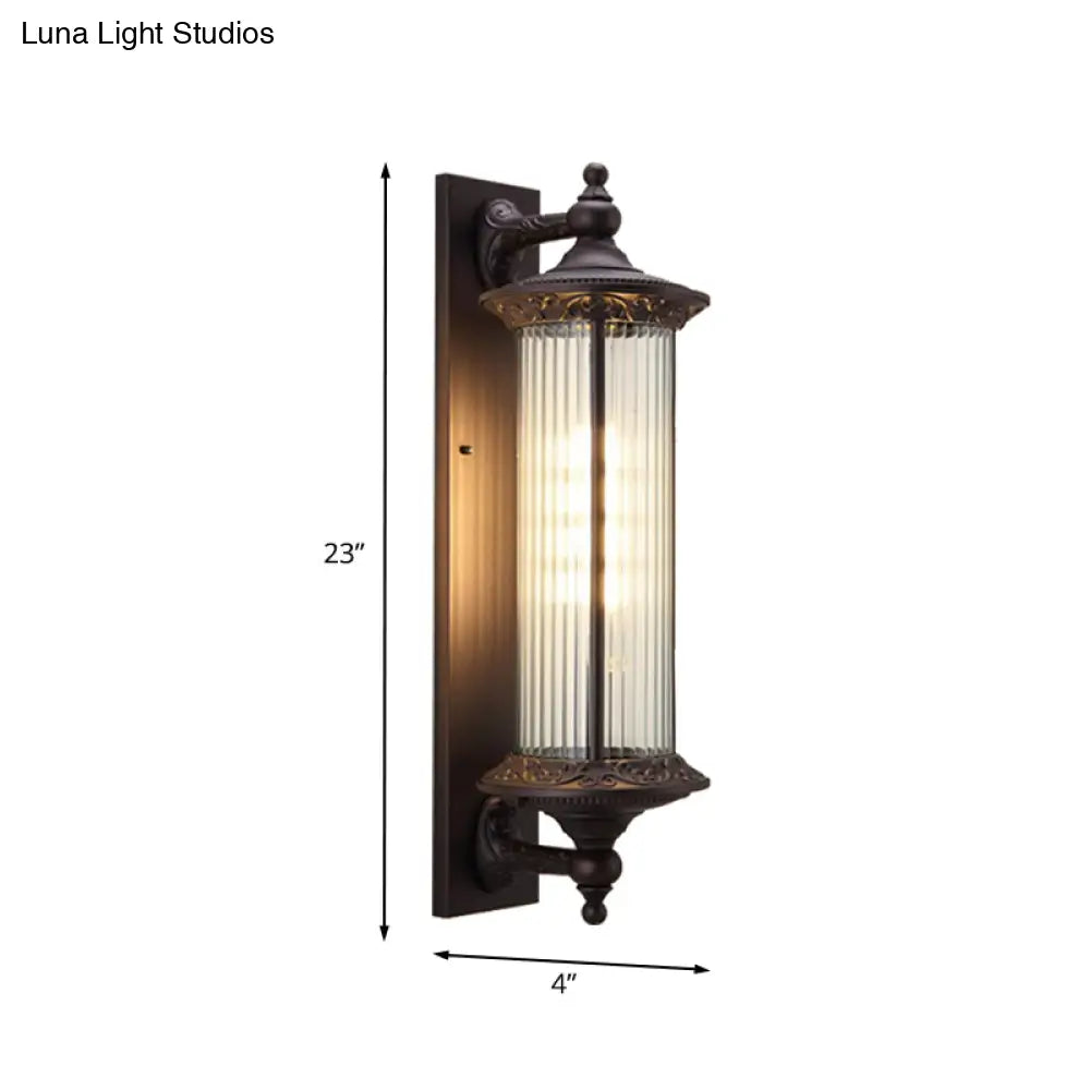 1-Light Country Outdoor Wall Sconce With Clear Ribbed Glass Shade - Dark Coffee