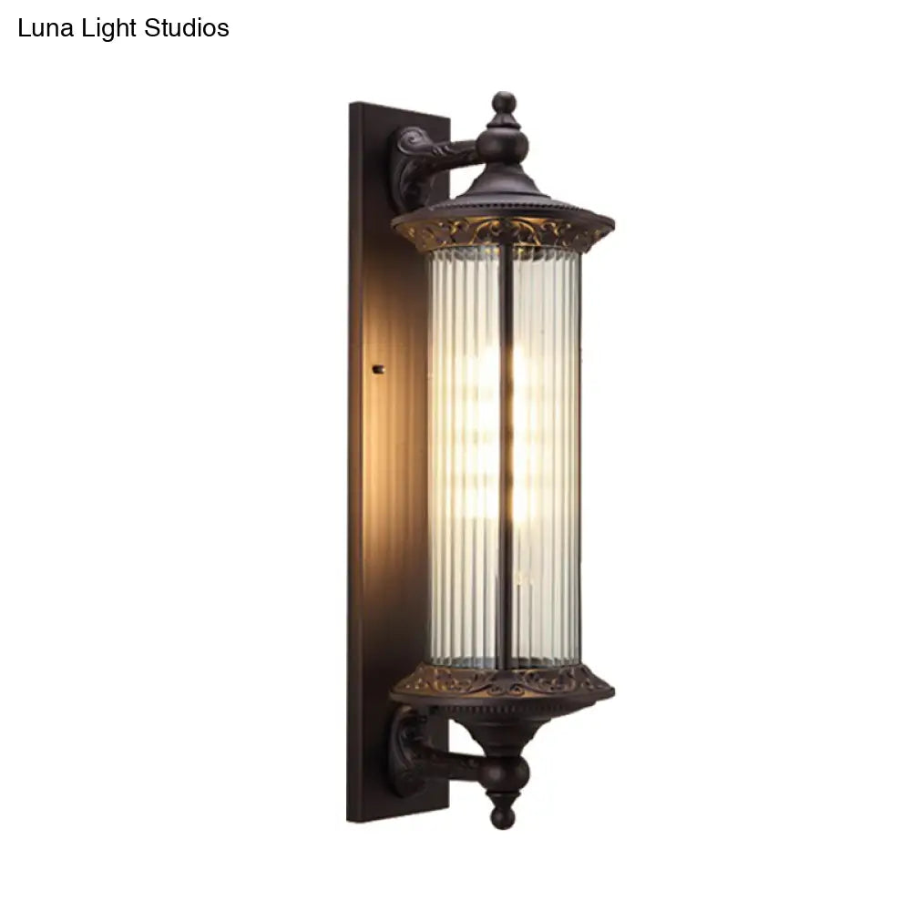 1-Light Country Outdoor Wall Sconce With Clear Ribbed Glass Shade - Dark Coffee