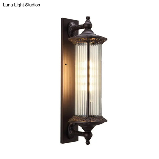 1-Light Country Outdoor Wall Sconce With Clear Ribbed Glass Shade - Dark Coffee