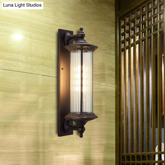 1-Light Country Outdoor Wall Sconce With Clear Ribbed Glass Shade - Dark Coffee