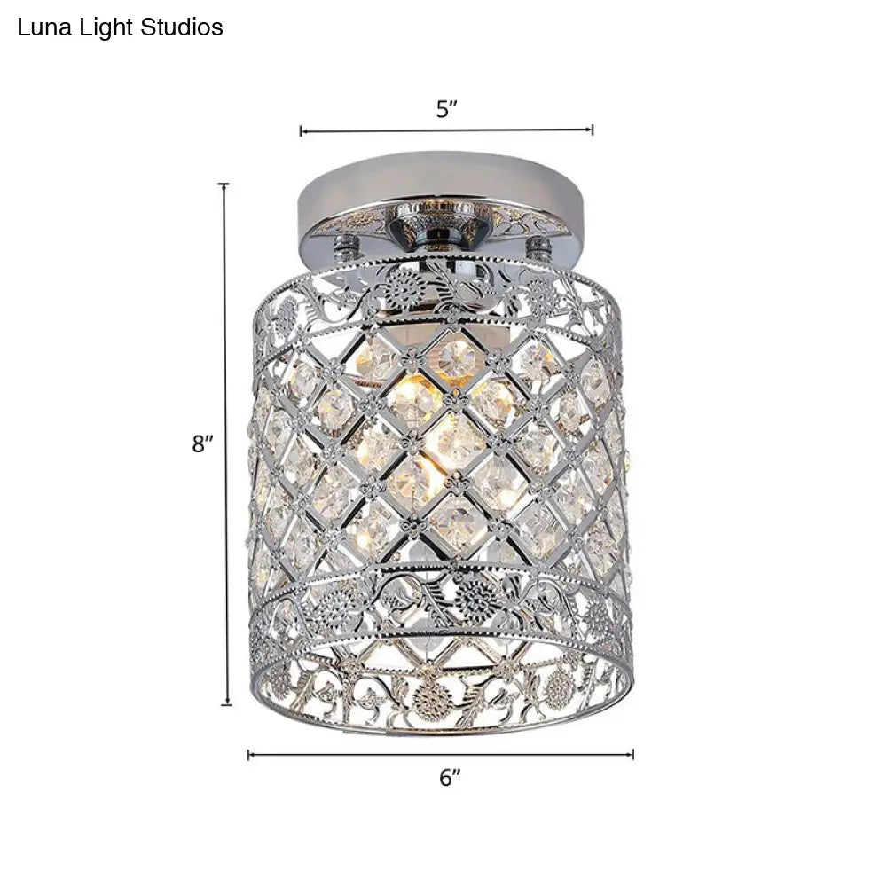 1 - Light Crystal Embedded Flush Mount Lamp With Chrome Finish For Aisle - Cylindrical Design