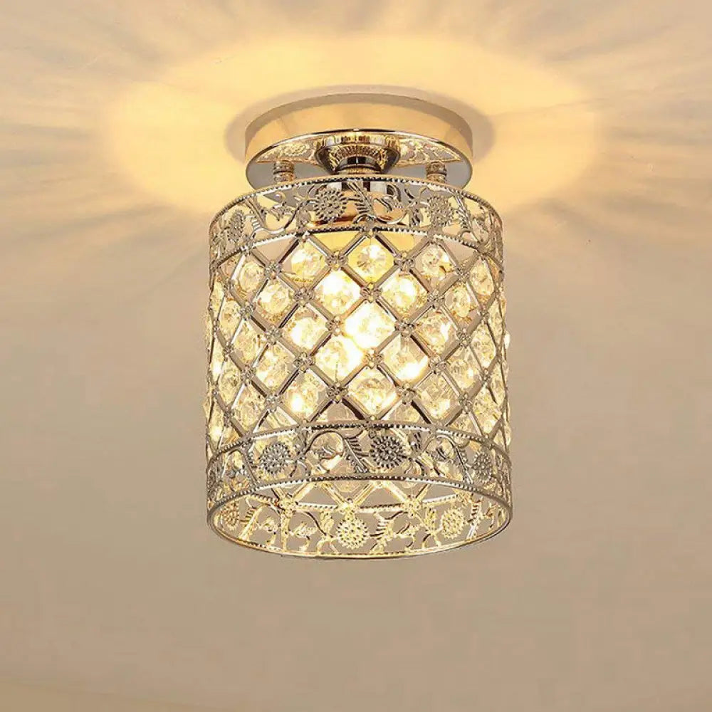 1 - Light Crystal Embedded Flush Mount Lamp With Chrome Finish For Aisle - Cylindrical Design