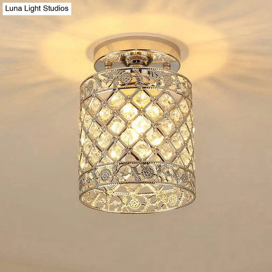 1-Light Crystal Embedded Flush Mount Lamp With Chrome Finish For Aisle- Cylindrical Design