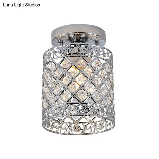 1-Light Crystal Embedded Flush Mount Lamp With Chrome Finish For Aisle- Cylindrical Design