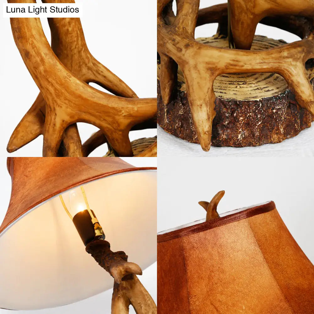 1-Light Desk Lamp: Traditional Wood & Fabric With Antler Accents - Ideal Bedroom Task Lighting