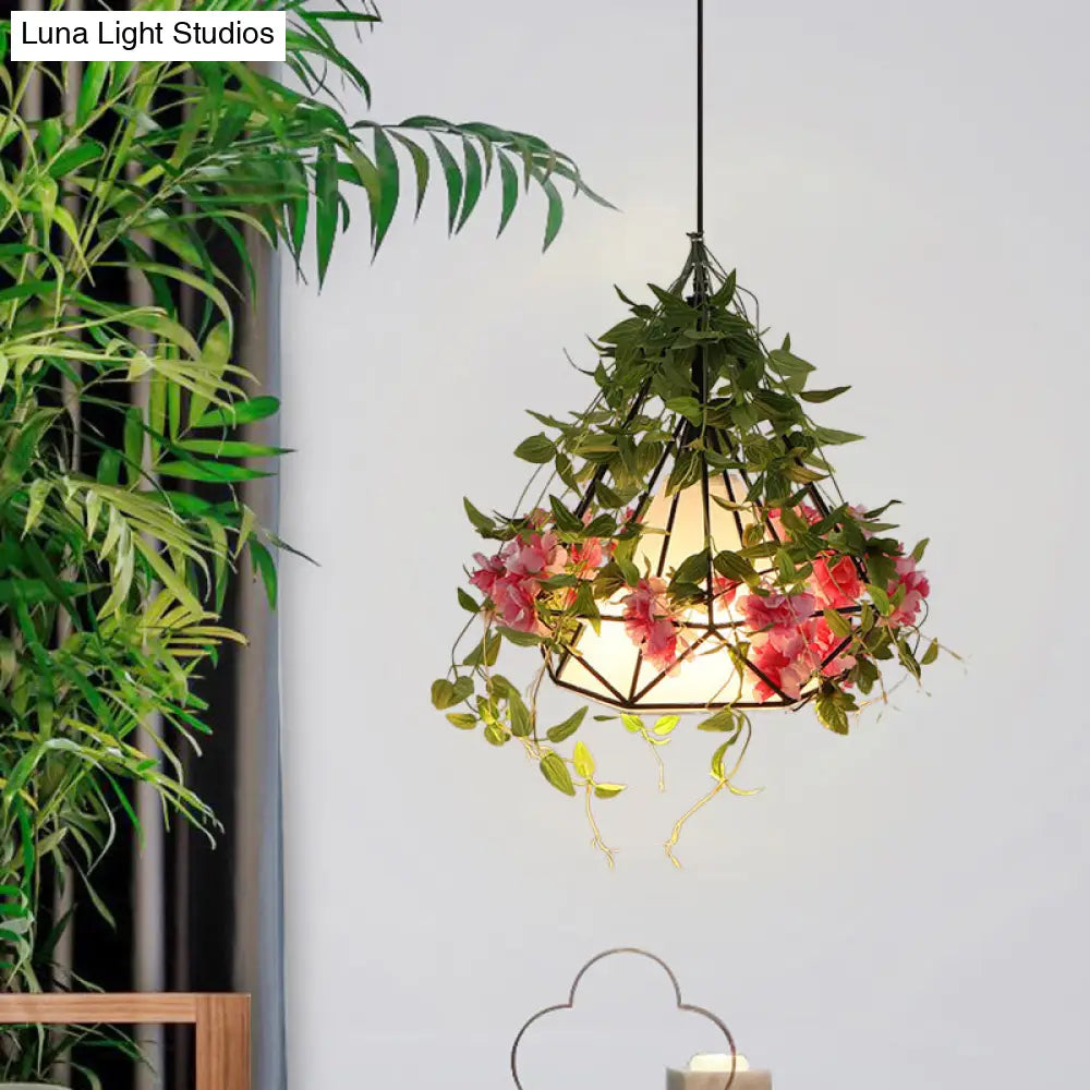 1-Light Diamond Cage Pendant Hanging Light Fixture - White/Red With Artificial Floral Deco For