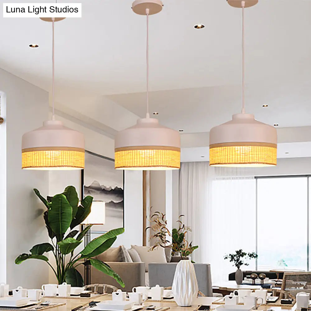 1-Light Drop Pendant Light With Bamboo Rattan Shade - Modern White And Beige Altar Hanging Lamp