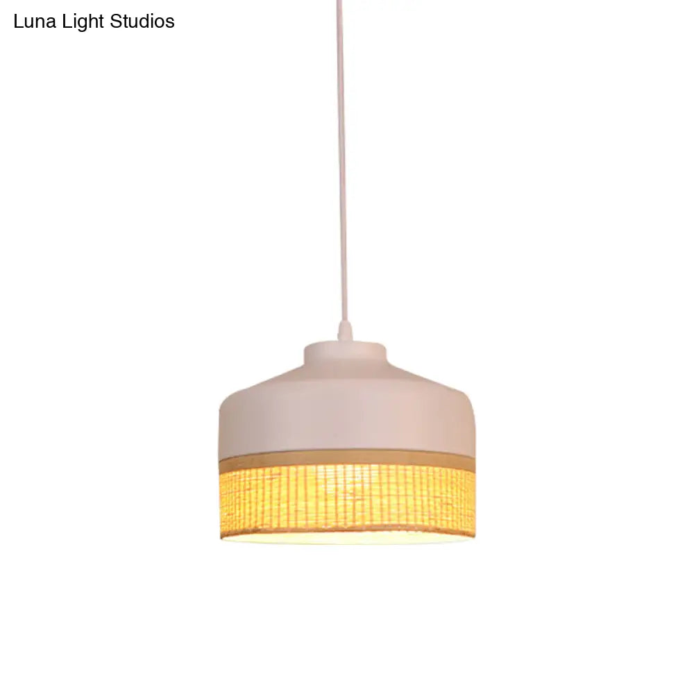 1-Light Drop Pendant Light With Bamboo Rattan Shade - Modern White And Beige Altar Hanging Lamp