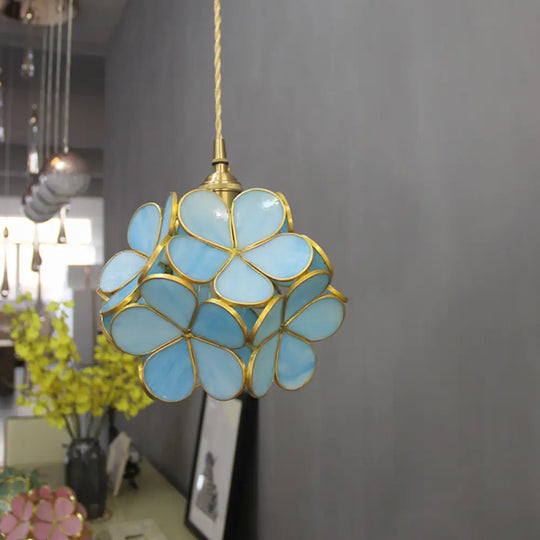 1 Light Flower Hanging Ceiling Tiffany Style Blue/Clear/Pink Stainless Glass Suspension Pendant Blue