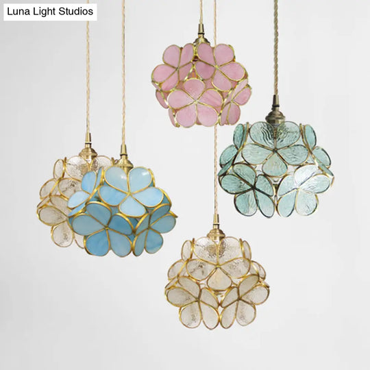 1 Light Flower Hanging Ceiling Tiffany Style Blue/Clear/Pink Stainless Glass Suspension Pendant