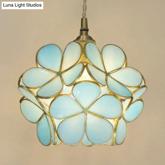 1 Light Flower Hanging Ceiling Tiffany Style Blue/Clear/Pink Stainless Glass Suspension Pendant