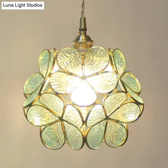 1 Light Flower Hanging Ceiling Tiffany Style Blue/Clear/Pink Stainless Glass Suspension Pendant