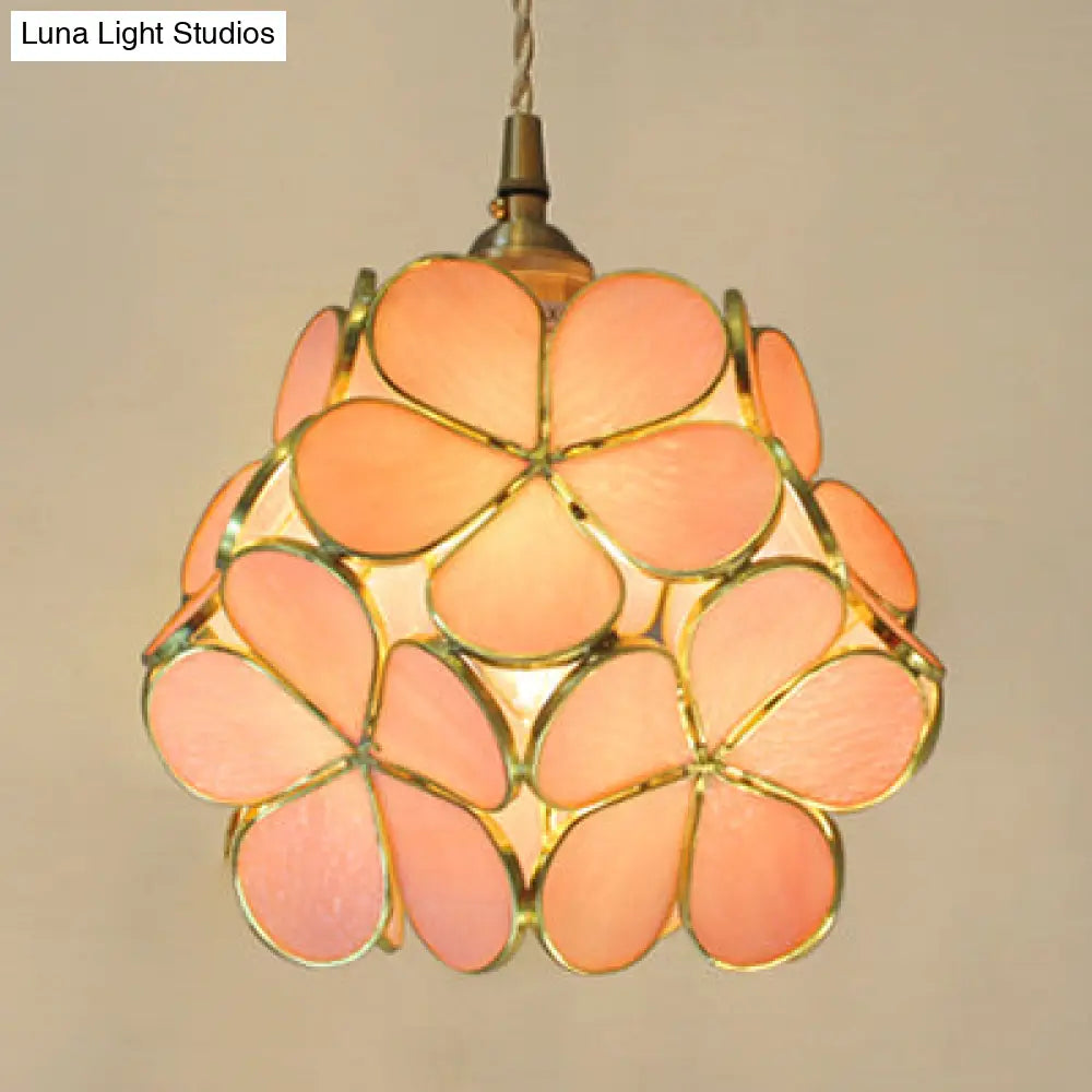 1 Light Flower Hanging Ceiling Tiffany Style Blue/Clear/Pink Stainless Glass Suspension Pendant