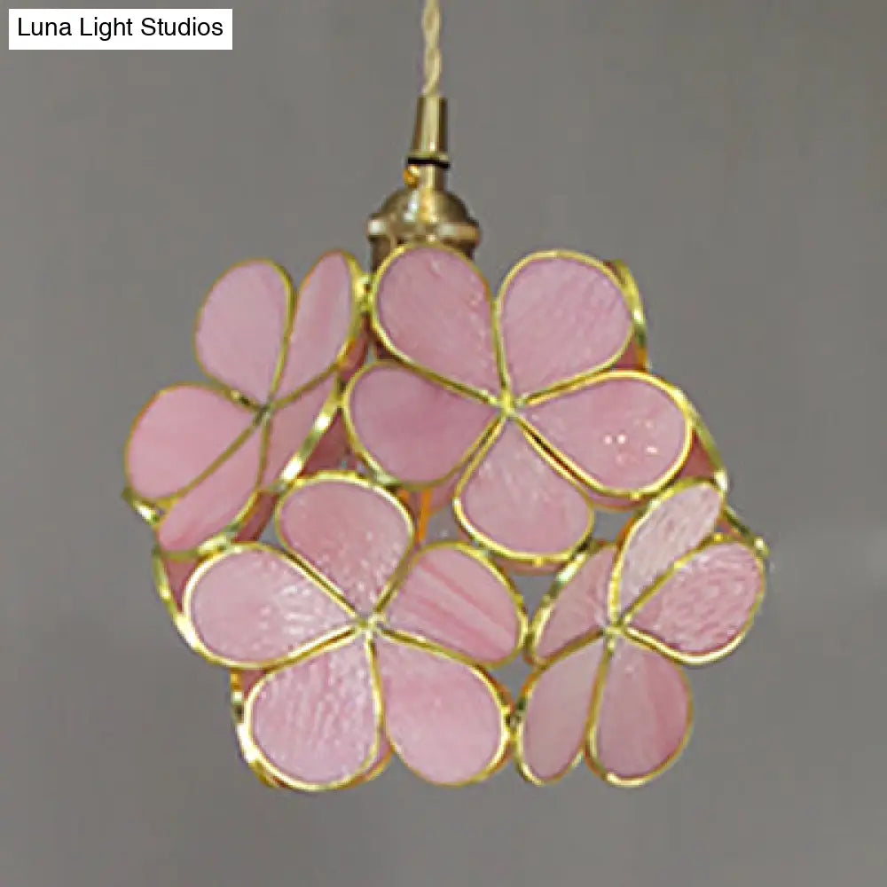 1 Light Flower Hanging Ceiling Tiffany Style Blue/Clear/Pink Stainless Glass Suspension Pendant