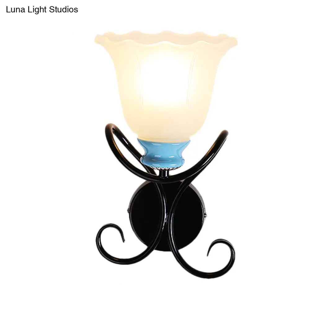 1-Light Frosted Glass Wall Sconce With Twisted Arm - Country Black/Gold Flared Corridor Lighting