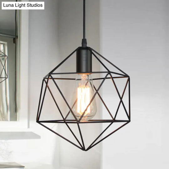 1-Light Geometric Cage Pendant Light Industrial Black/Gold Metal Hanging Lamp For Kitchen Island