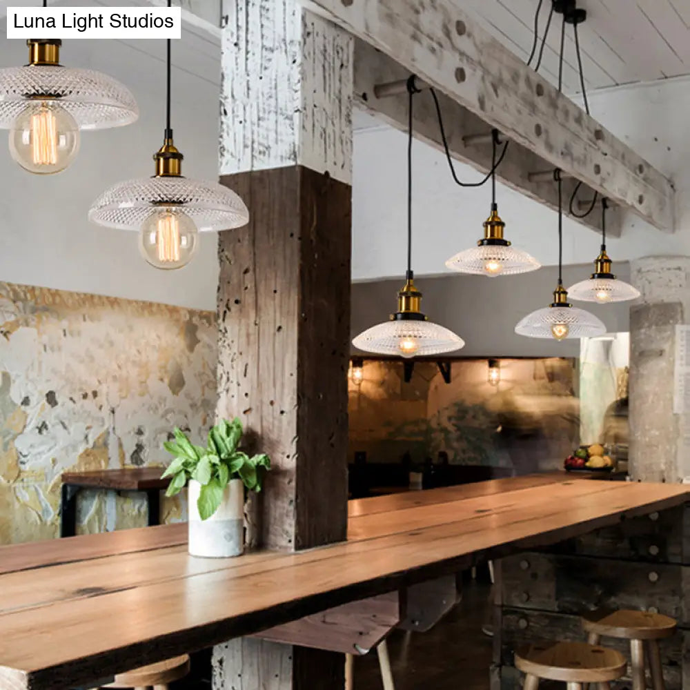 1-Light Grid Glass Ceiling Light With Brass Bowl Shade Perfect For Industrial Kitchen Décor