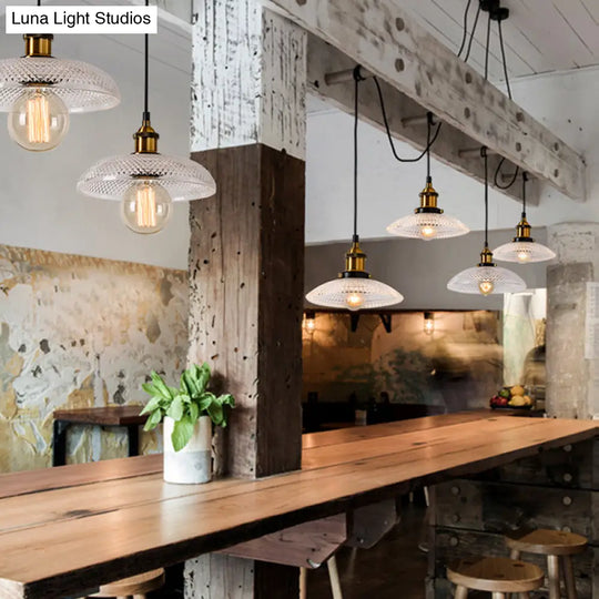 1-Light Grid Glass Ceiling Light With Brass Bowl Shade Perfect For Industrial Kitchen Décor