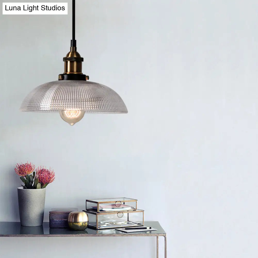 1-Light Grid Glass Ceiling Light With Brass Bowl Shade Perfect For Industrial Kitchen Décor