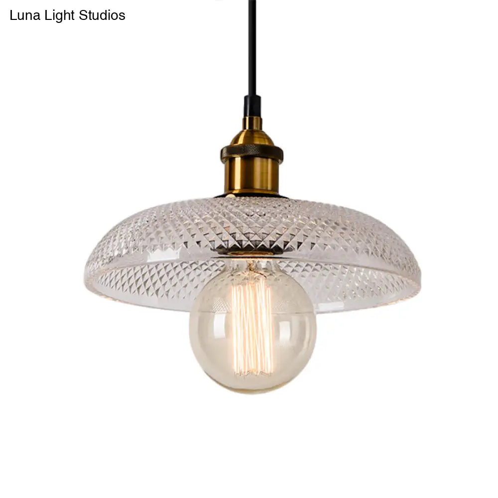 1-Light Grid Glass Ceiling Light With Brass Bowl Shade Perfect For Industrial Kitchen Décor