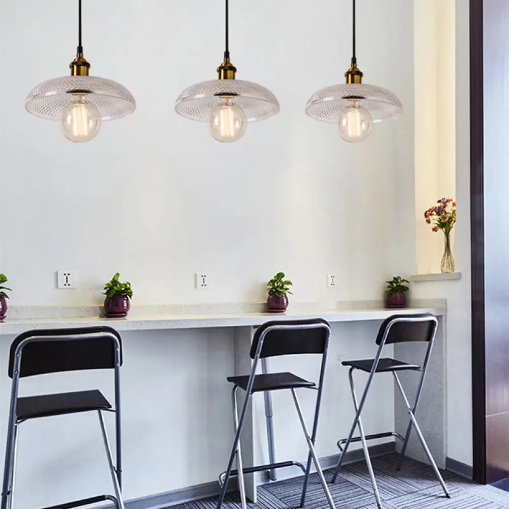 1-Light Grid Glass Ceiling Light With Brass Bowl Shade Perfect For Industrial Kitchen Décor / Dome