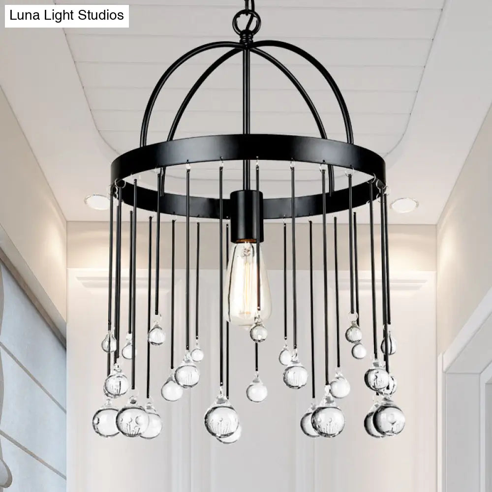 1 Light Hanging Pendant With Elegant Black Metal Finish And Clear Crystal Drops