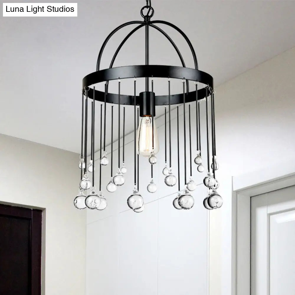 1 Light Hanging Pendant With Elegant Black Metal Finish And Clear Crystal Drops