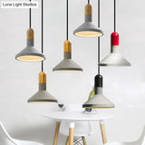 1-Light Industrial Conic Shade Hanging Cement Pendant Lamp In Wood/Red/Black Finish - Ideal For