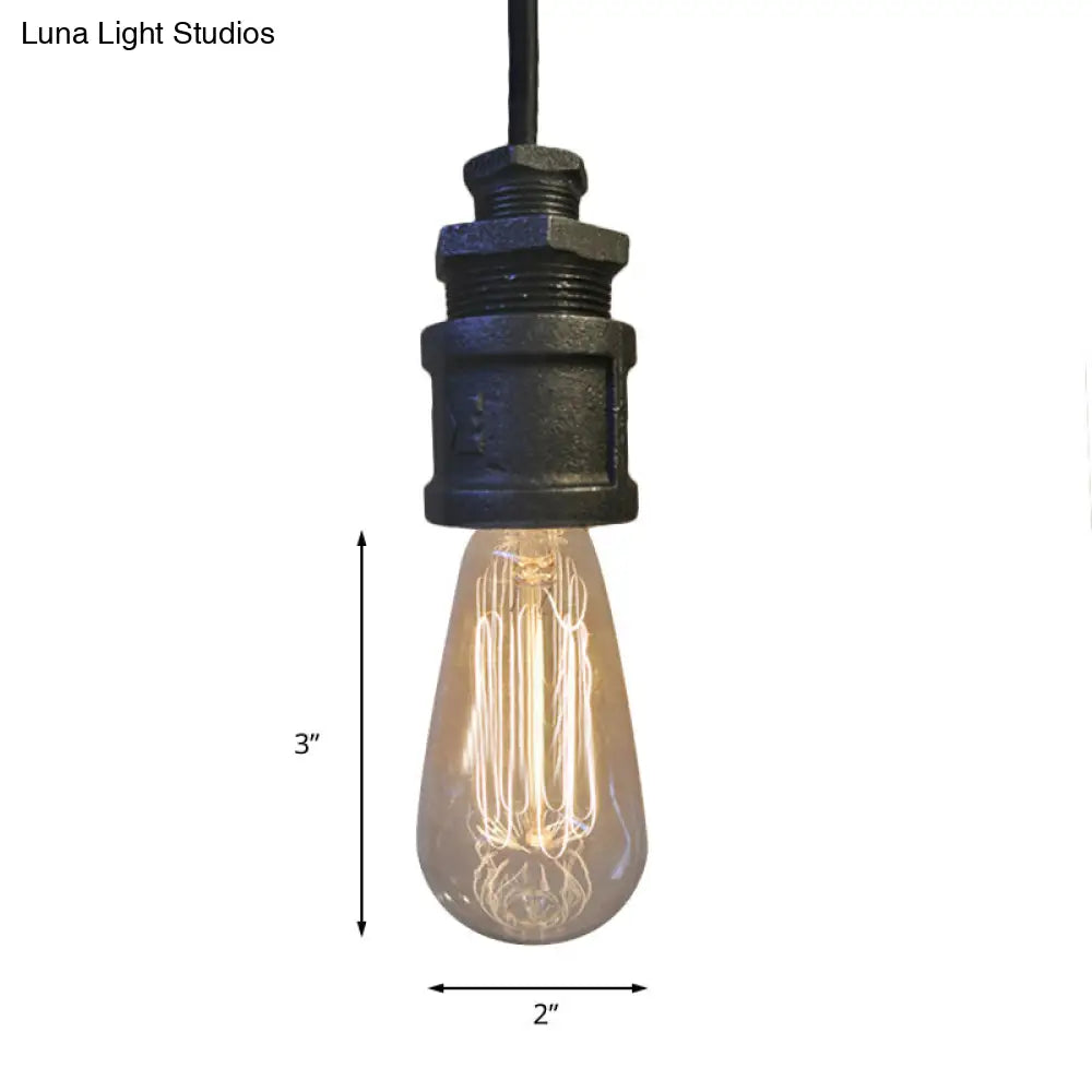 Industrial Metallic Pendant Light: Exposed Bulb Hallway Fixture With Black Ceiling And Water Pipe