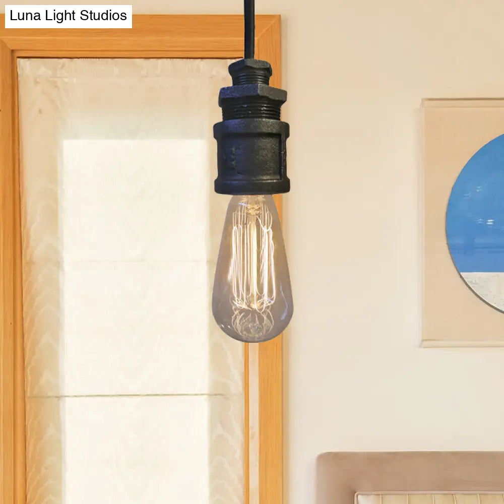 Industrial Metallic Pendant Light: Exposed Bulb Hallway Fixture With Black Ceiling And Water Pipe