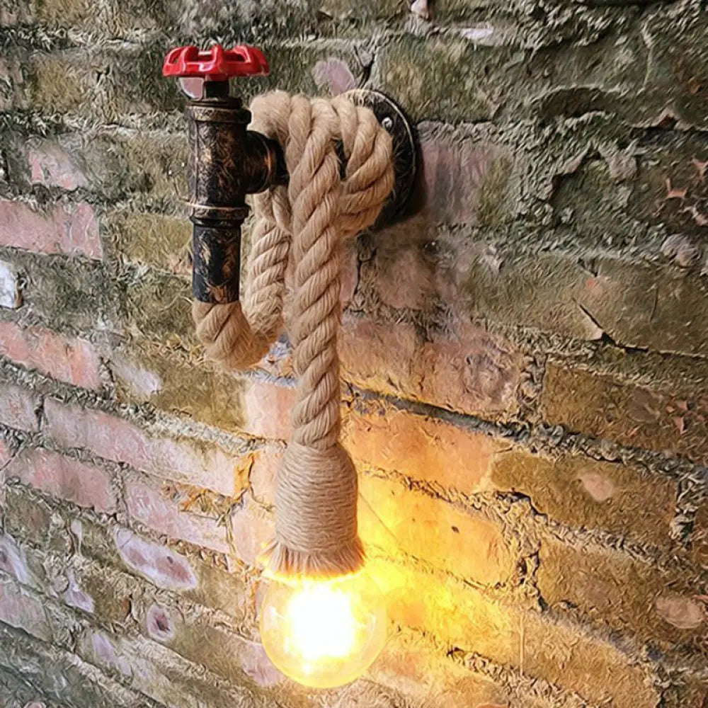 1-Light Industrial Faucet Wall Light Fixture With Hemp Rope For Wine Bar Brown