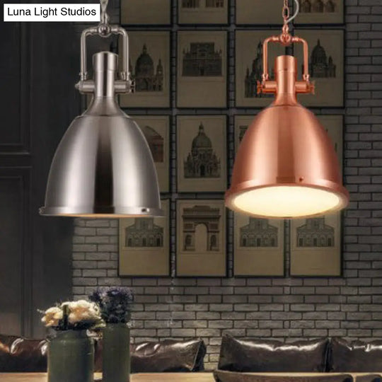 1-Light Industrial Pendant Lamp With Nickel/Copper Finish Metal Dome Shade Chain & Glass Diffuser