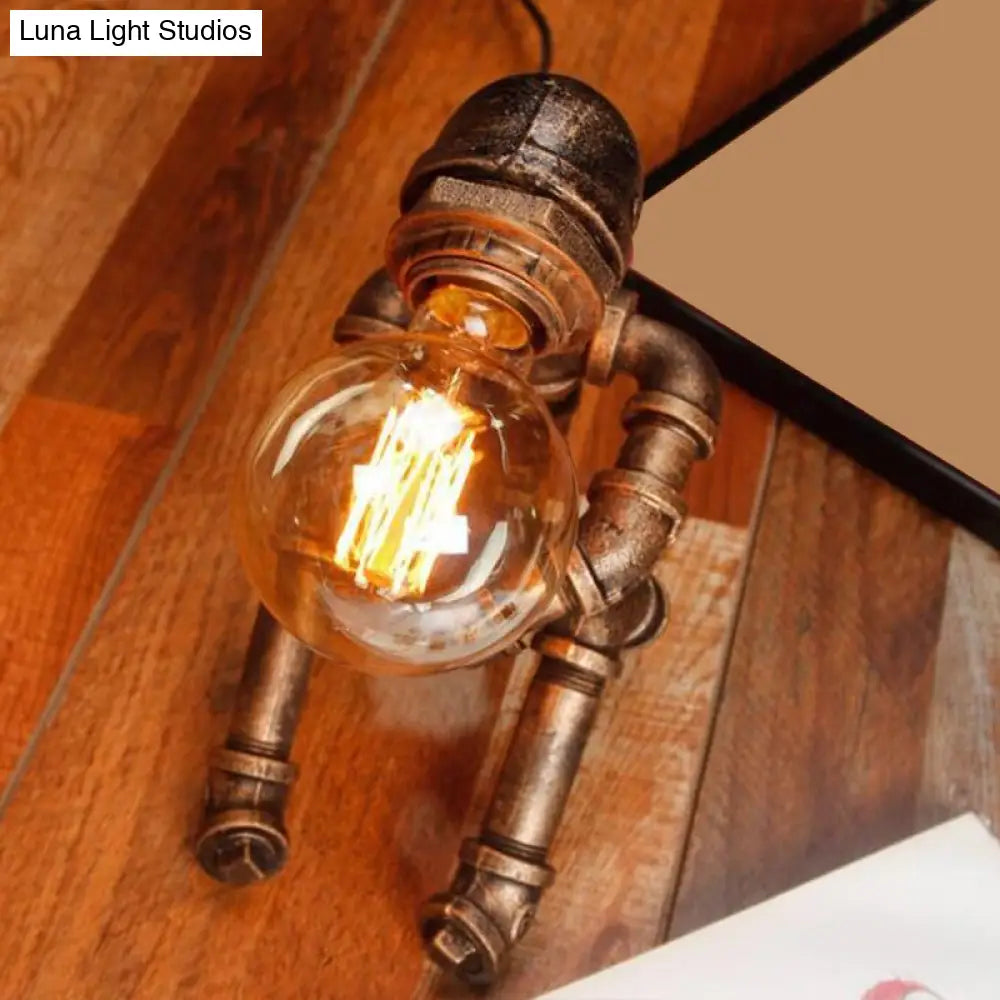 1-Light Industrial Robot Table Lamp - Antiqued Bronze Metal Nightstand Light For Bedroom