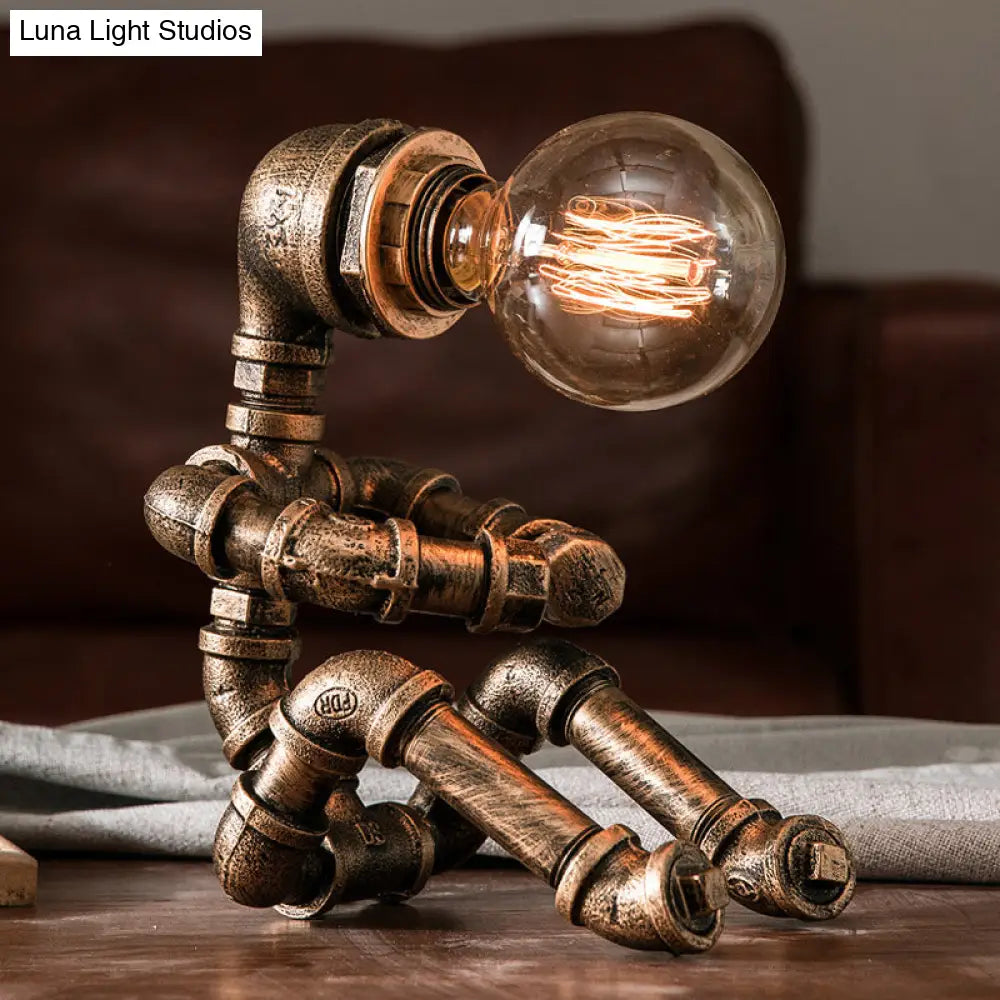 1-Light Industrial Robot Table Lamp - Antiqued Bronze Metal Nightstand Light For Bedroom