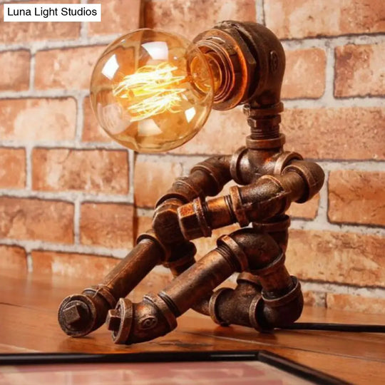 1-Light Industrial Robot Table Lamp - Antiqued Bronze Metal Nightstand Light For Bedroom