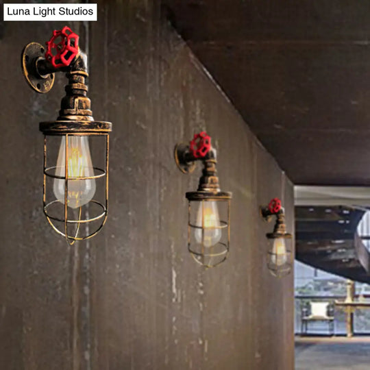 1-Light Industrial Wall Sconce With Cage Metallic Shade In Black/Rust For Corridors