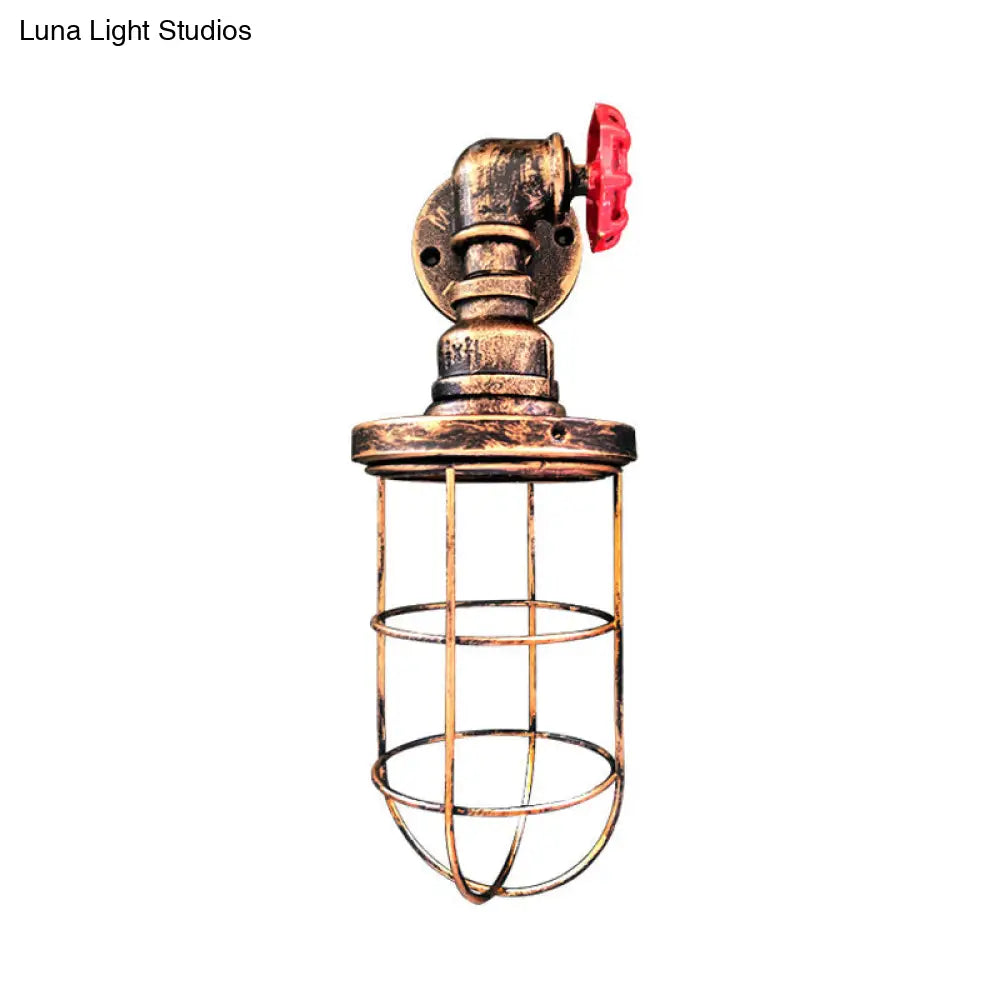 1-Light Industrial Wall Sconce With Cage Metallic Shade In Black/Rust For Corridors