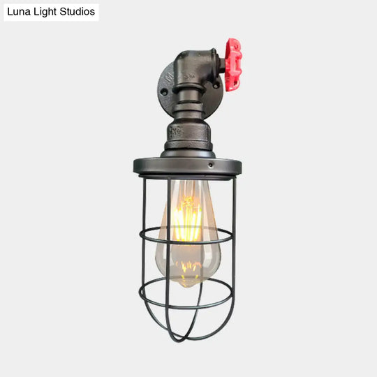 1-Light Industrial Wall Sconce With Cage Metallic Shade In Black/Rust For Corridors