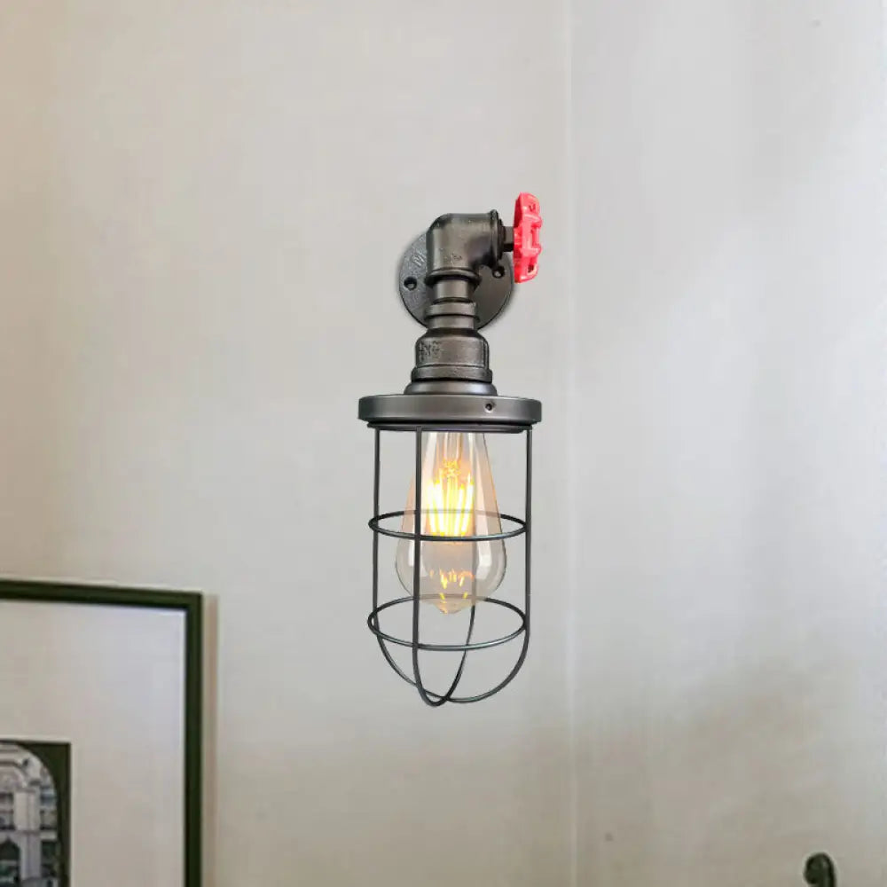 1-Light Industrial Wall Sconce With Cage Metallic Shade In Black/Rust For Corridors Black