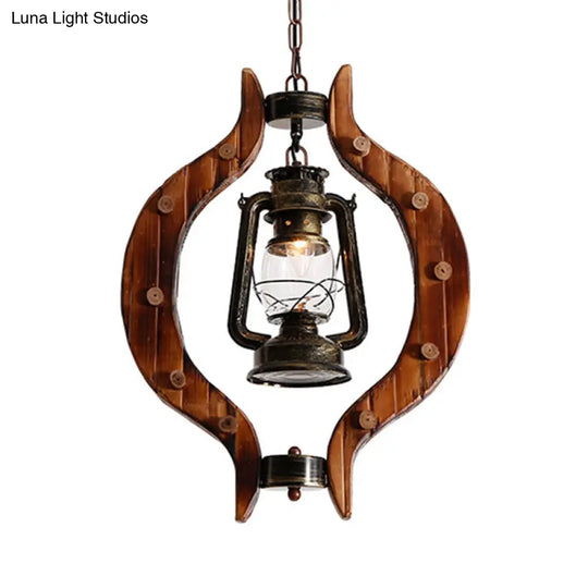 Lantern Iron Hanging Pendant Lamp With Clear Glass And Wood Frame - 1 Light Warehouse Brass Finish