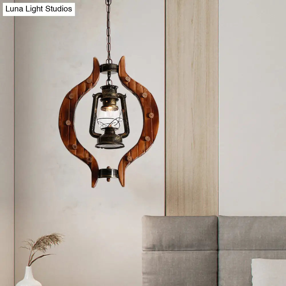 Lantern Iron Hanging Pendant Lamp With Clear Glass And Wood Frame - 1 Light Warehouse Brass Finish