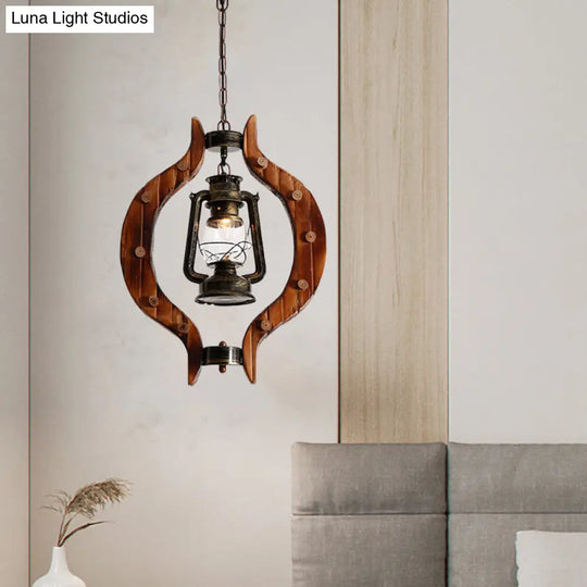 Lantern Iron Hanging Pendant Lamp With Clear Glass And Wood Frame - 1 Light Warehouse Brass Finish