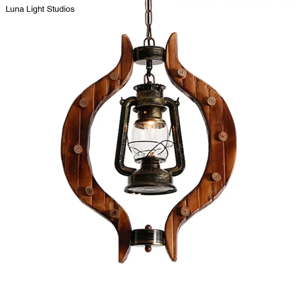 1-Light Iron Hanging Lantern: Warehouse Brass Pendant Lamp With Clear Glass And Wood Frame